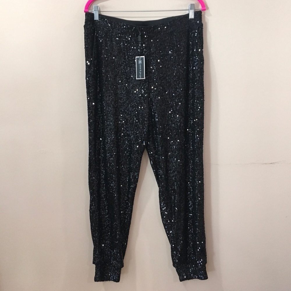 CABLE&GAUGE Jogger Pants Black Sequin Pull On Elastic Waist Womens Size L